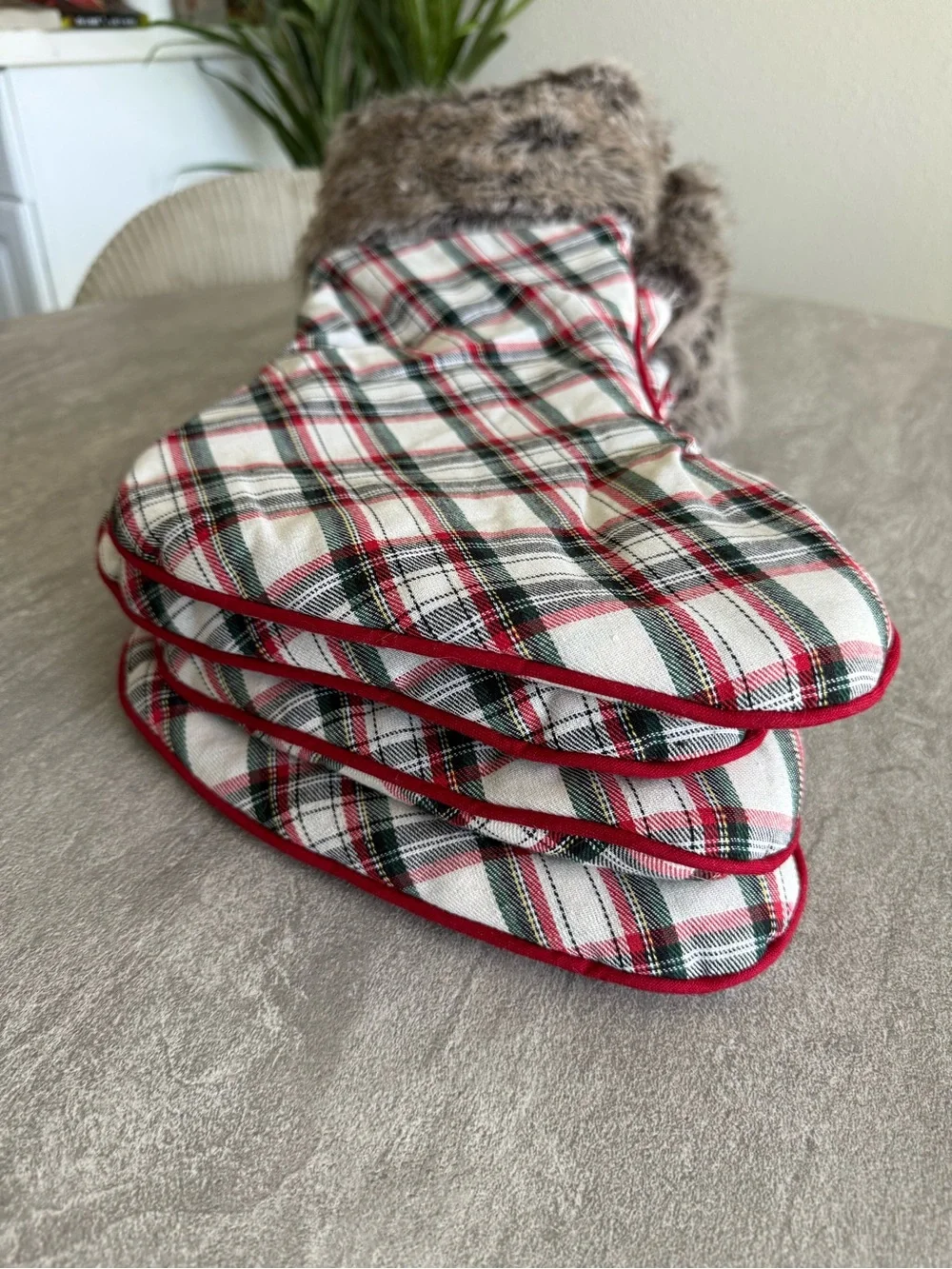 Plaid Holiday Stockings with Faux Fur Cuff - Red White Green (Set of 4)